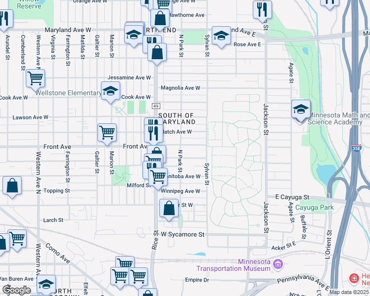map of restaurants, bars, coffee shops, grocery stores, and more near 82 Front Avenue in Saint Paul