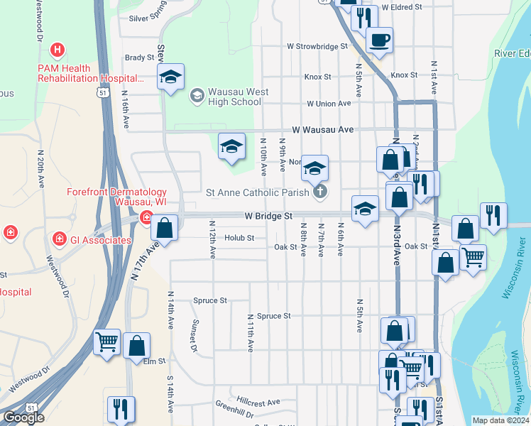 map of restaurants, bars, coffee shops, grocery stores, and more near 1001 West Bridge Street in Wausau