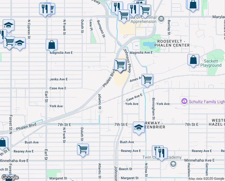 map of restaurants, bars, coffee shops, grocery stores, and more near 1256 Phalen Boulevard in Saint Paul