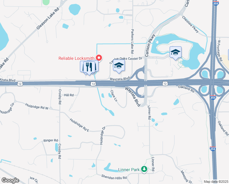 map of restaurants, bars, coffee shops, grocery stores, and more near 15321 Wayzata Boulevard in Wayzata