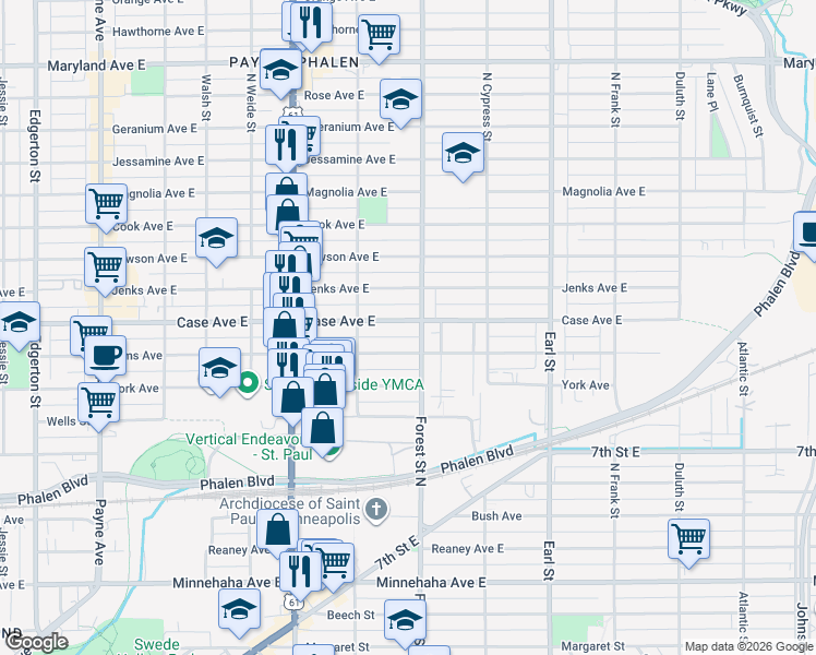 map of restaurants, bars, coffee shops, grocery stores, and more near 928 Case Avenue East in Saint Paul