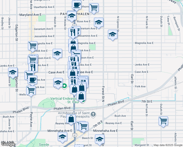 map of restaurants, bars, coffee shops, grocery stores, and more near 886 Case Avenue East in Saint Paul