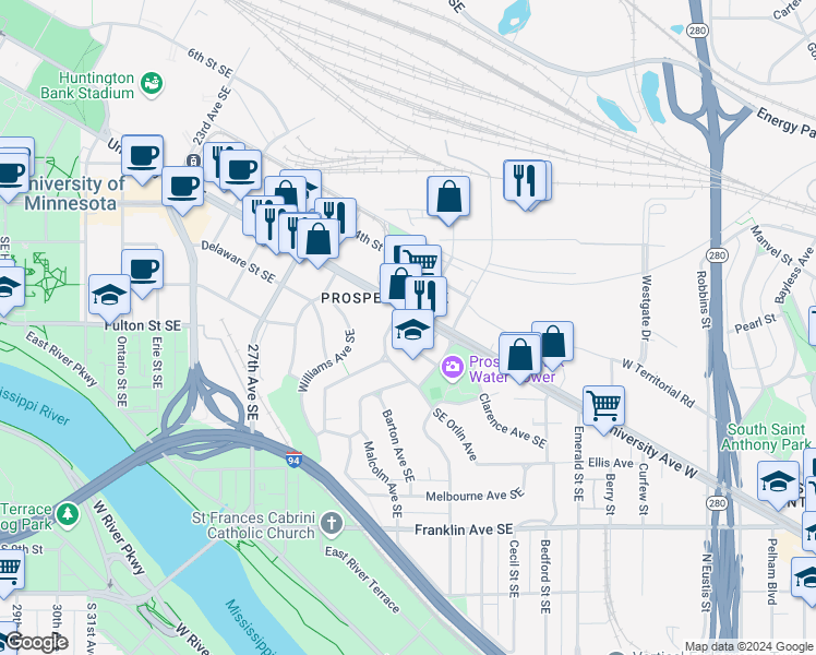 map of restaurants, bars, coffee shops, grocery stores, and more near 3008 University Avenue Southeast in Minneapolis