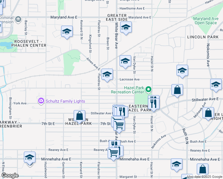 map of restaurants, bars, coffee shops, grocery stores, and more near 1760 Case Avenue in Saint Paul