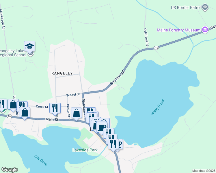 map of restaurants, bars, coffee shops, grocery stores, and more near 43 Stratton Road in Rangeley