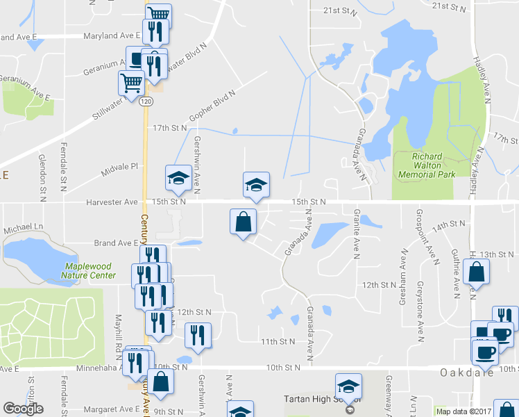 map of restaurants, bars, coffee shops, grocery stores, and more near 6357 15th Street North in Oakdale