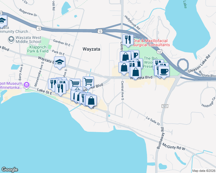 map of restaurants, bars, coffee shops, grocery stores, and more near 110 Circle A Drive South in Wayzata
