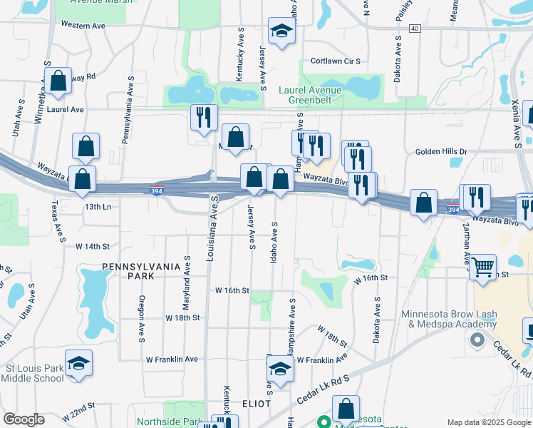 map of restaurants, bars, coffee shops, grocery stores, and more near 1328 Idaho Avenue South in St. Louis Park