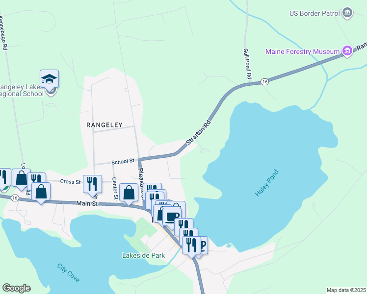 map of restaurants, bars, coffee shops, grocery stores, and more near 43 Stratton Road in Rangeley