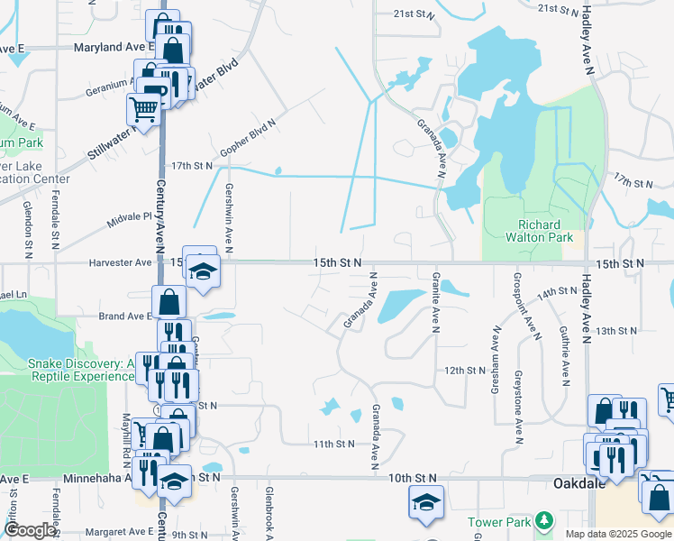 map of restaurants, bars, coffee shops, grocery stores, and more near 1472 Granada Avenue North in Oakdale