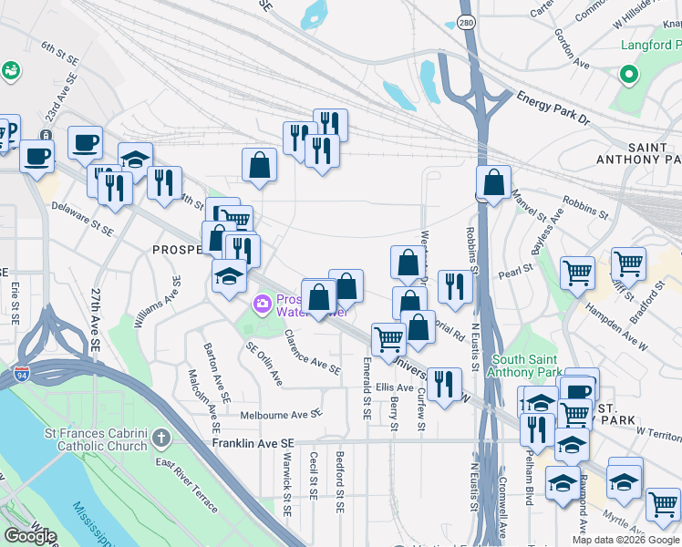 map of restaurants, bars, coffee shops, grocery stores, and more near 3333 4th Street Southeast in Minneapolis