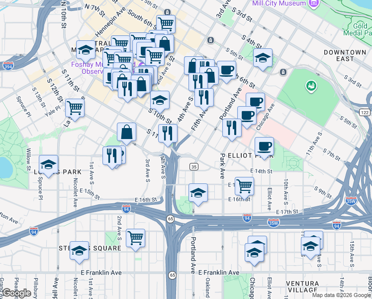 map of restaurants, bars, coffee shops, grocery stores, and more near 535-599 East Grant Street in Minneapolis