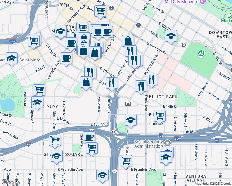 map of restaurants, bars, coffee shops, grocery stores, and more near in Minneapolis