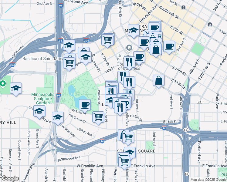 map of restaurants, bars, coffee shops, grocery stores, and more near 110 West Grant Street in Minneapolis