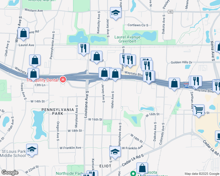map of restaurants, bars, coffee shops, grocery stores, and more near 1328 Idaho Avenue South in St. Louis Park