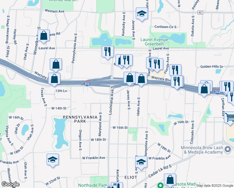 map of restaurants, bars, coffee shops, grocery stores, and more near 7115 Wayzata Boulevard in St. Louis Park