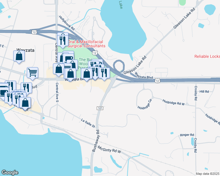 map of restaurants, bars, coffee shops, grocery stores, and more near 121 County Road 101 in Wayzata