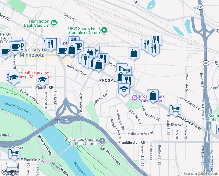 map of restaurants, bars, coffee shops, grocery stores, and more near 2841 Williams Avenue Southeast in Minneapolis
