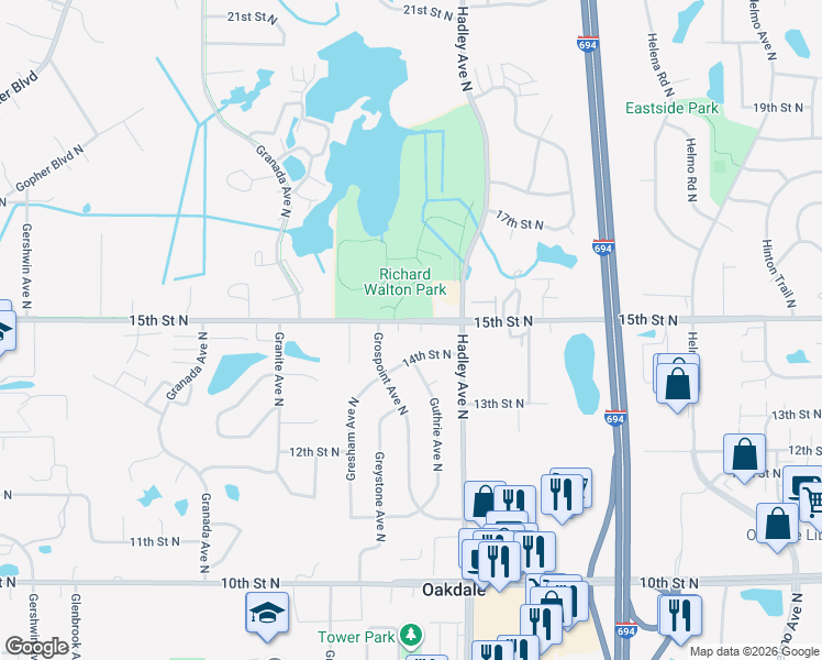 map of restaurants, bars, coffee shops, grocery stores, and more near 6889 15th Street North in Oakdale