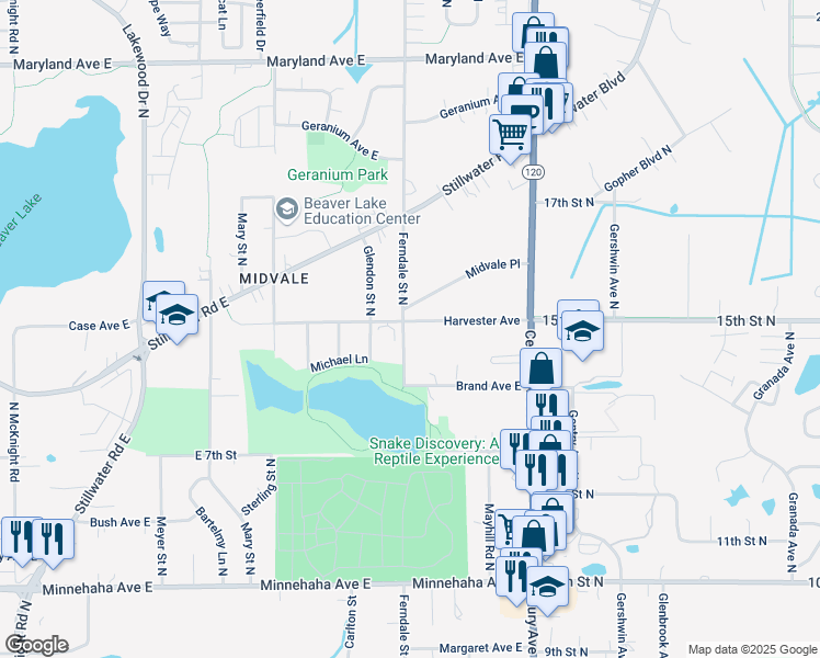 map of restaurants, bars, coffee shops, grocery stores, and more near 950 Ferndale Street North in Maplewood