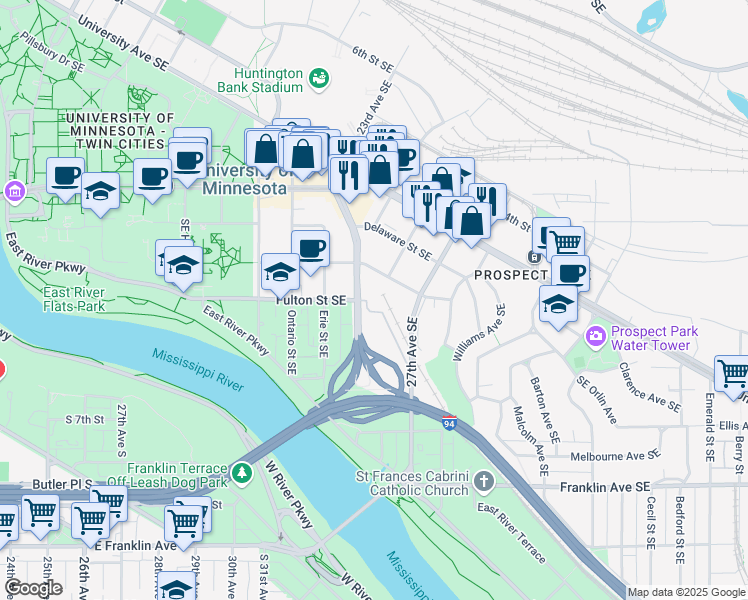 map of restaurants, bars, coffee shops, grocery stores, and more near 525 Huron Boulevard Southeast in Minneapolis