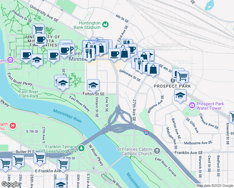 map of restaurants, bars, coffee shops, grocery stores, and more near Huron Blvd SE & Fulton St SE in Minneapolis