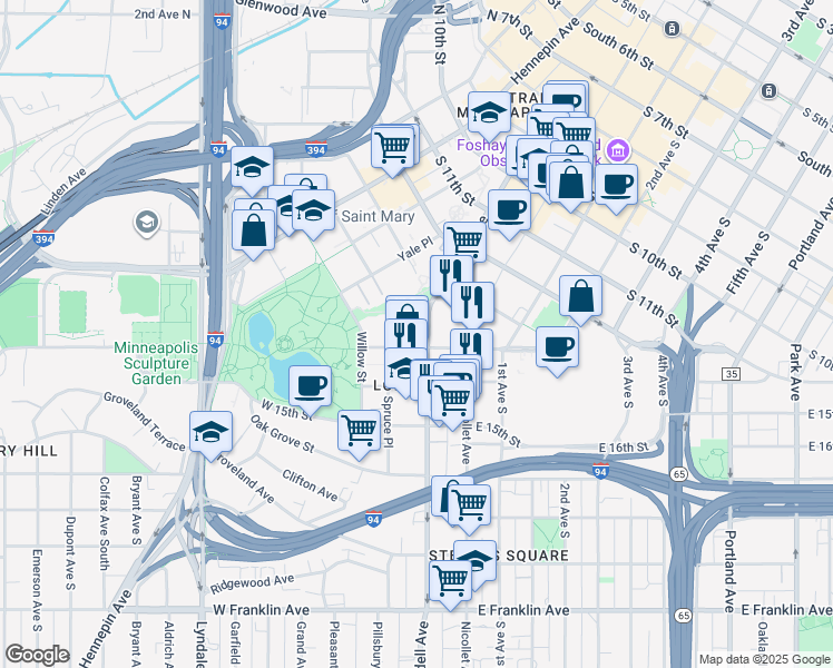 map of restaurants, bars, coffee shops, grocery stores, and more near 110 West Grant Street in Minneapolis