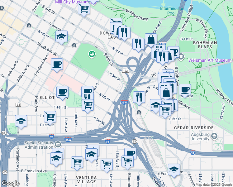 map of restaurants, bars, coffee shops, grocery stores, and more near 1600 South 6th Street in Minneapolis
