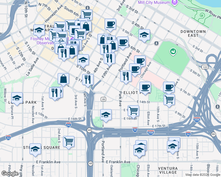 map of restaurants, bars, coffee shops, grocery stores, and more near 1005 Portland Avenue South in Minneapolis