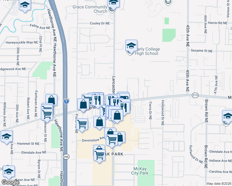 map of restaurants, bars, coffee shops, grocery stores, and more near 3490 Lancaster Drive Northeast in Salem