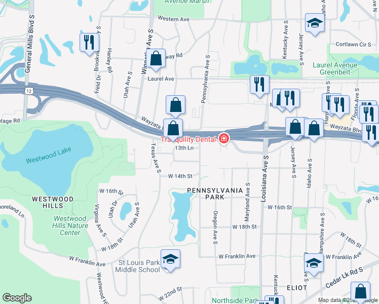 map of restaurants, bars, coffee shops, grocery stores, and more near 7700 West 13 1/2 Street in Minneapolis