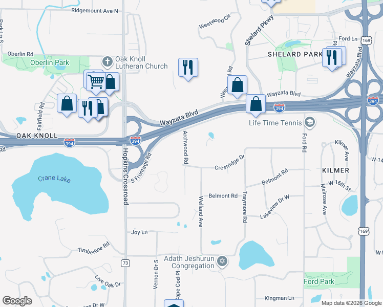 map of restaurants, bars, coffee shops, grocery stores, and more near 1417 Archwood Road in Hopkins