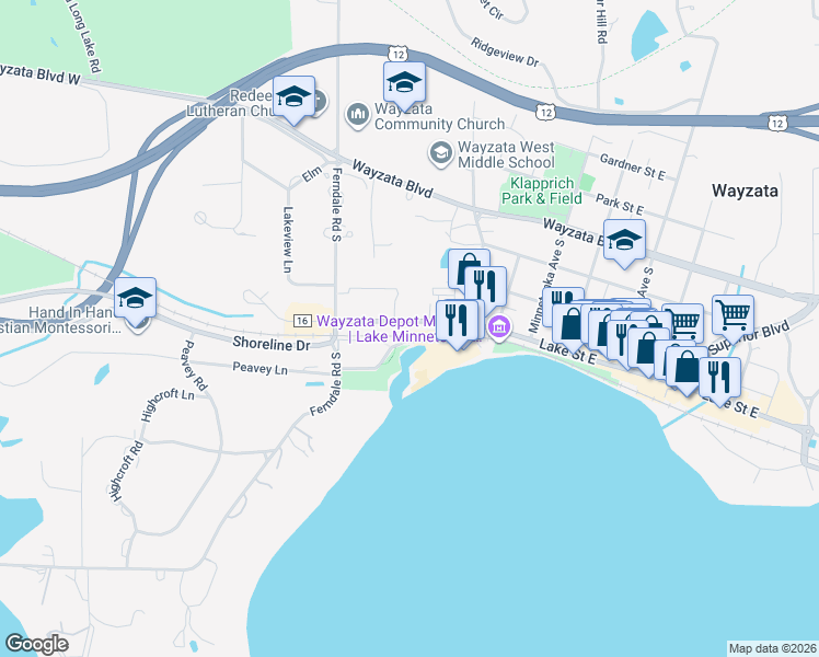 map of restaurants, bars, coffee shops, grocery stores, and more near 200 Lake Street East in Wayzata