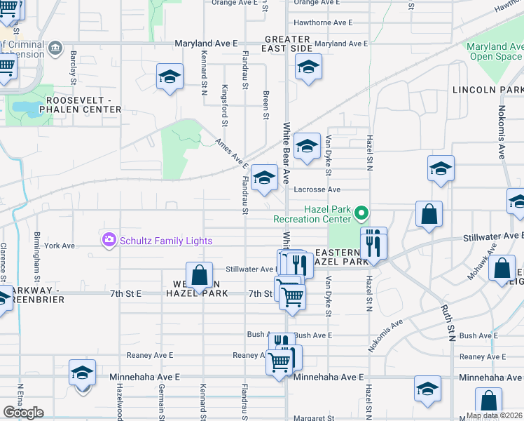 map of restaurants, bars, coffee shops, grocery stores, and more near 1741 Case Avenue East in Saint Paul