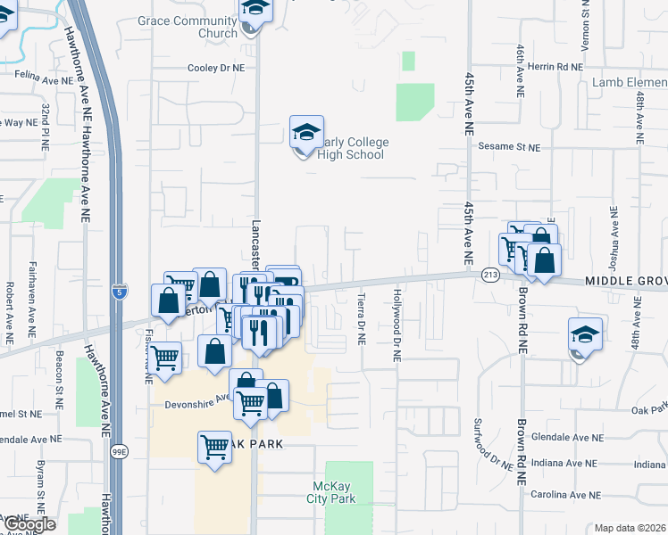 map of restaurants, bars, coffee shops, grocery stores, and more near 3415 Silvercedar Place Northeast in Salem