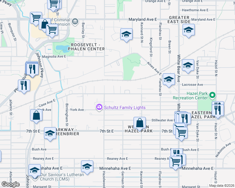 map of restaurants, bars, coffee shops, grocery stores, and more near 1600 Case Avenue East in Saint Paul