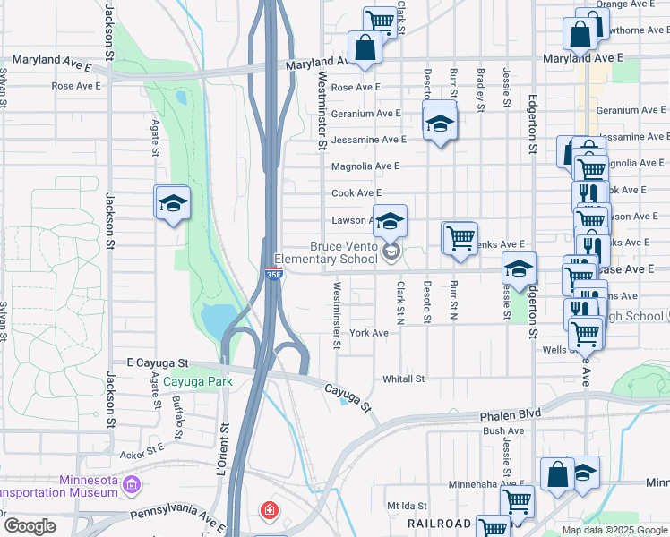map of restaurants, bars, coffee shops, grocery stores, and more near in Saint Paul