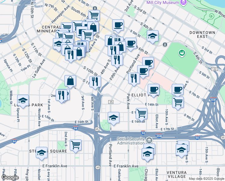 map of restaurants, bars, coffee shops, grocery stores, and more near 1022 Portland Avenue in Minneapolis