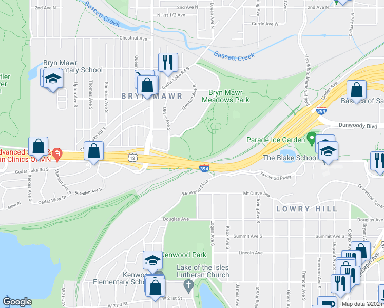 map of restaurants, bars, coffee shops, grocery stores, and more near 1820 South Wayzata Boulevard in Minneapolis
