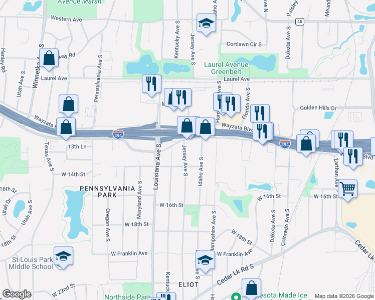 map of restaurants, bars, coffee shops, grocery stores, and more near 1328 Idaho Avenue South in St. Louis Park