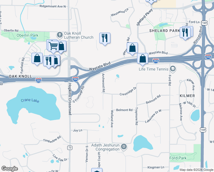 map of restaurants, bars, coffee shops, grocery stores, and more near 1417 Archwood Road in Hopkins