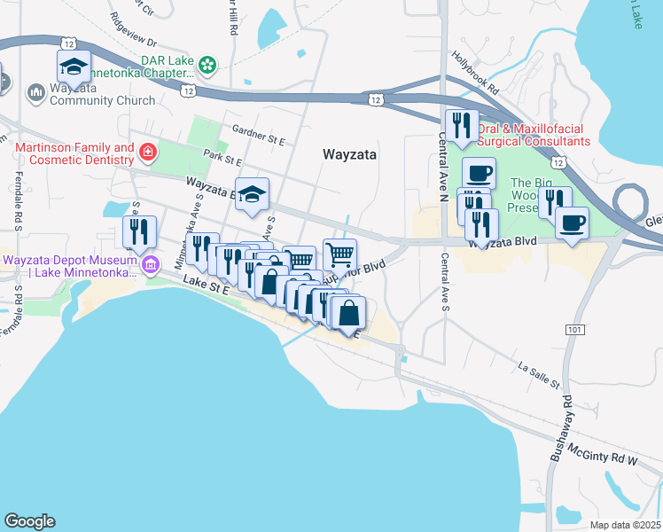 map of restaurants, bars, coffee shops, grocery stores, and more near 202 Superior Boulevard in Wayzata