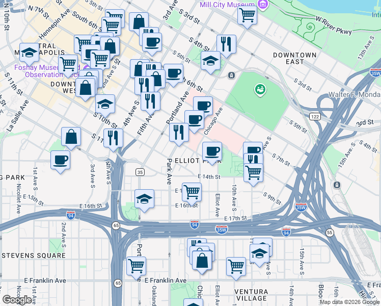 map of restaurants, bars, coffee shops, grocery stores, and more near 900 Centennial Place in Minneapolis