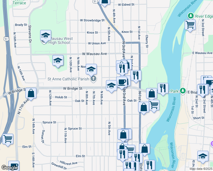 map of restaurants, bars, coffee shops, grocery stores, and more near 602 North 5th Avenue in Wausau