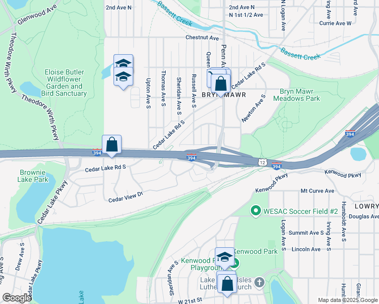 map of restaurants, bars, coffee shops, grocery stores, and more near 2310 South Wayzata Boulevard in Minneapolis