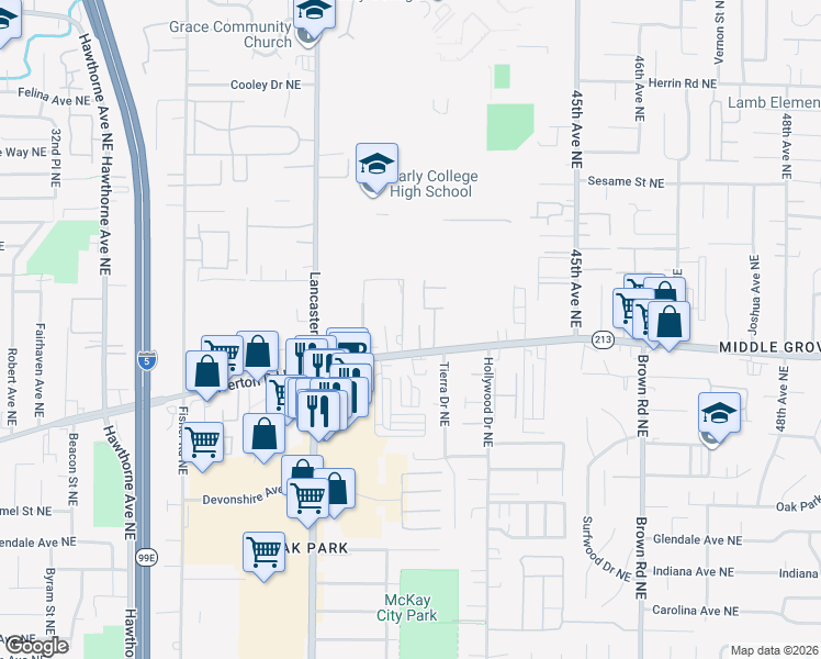 map of restaurants, bars, coffee shops, grocery stores, and more near 3415 Silvercedar Place Northeast in Salem