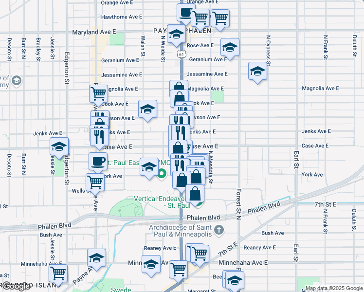 map of restaurants, bars, coffee shops, grocery stores, and more near Arcade St & Case Ave in St Paul