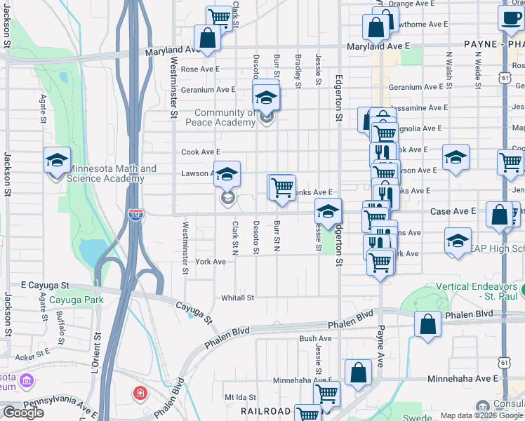 map of restaurants, bars, coffee shops, grocery stores, and more near 462 Case Avenue East in Saint Paul