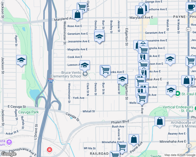 map of restaurants, bars, coffee shops, grocery stores, and more near 462 Case Avenue East in Saint Paul