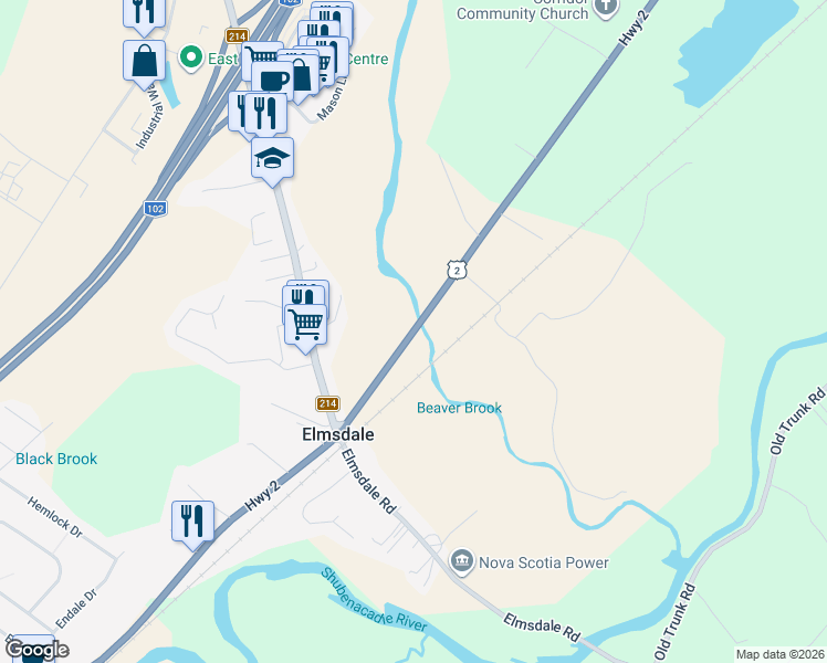 map of restaurants, bars, coffee shops, grocery stores, and more near 855 Highway 2 in Elmsdale